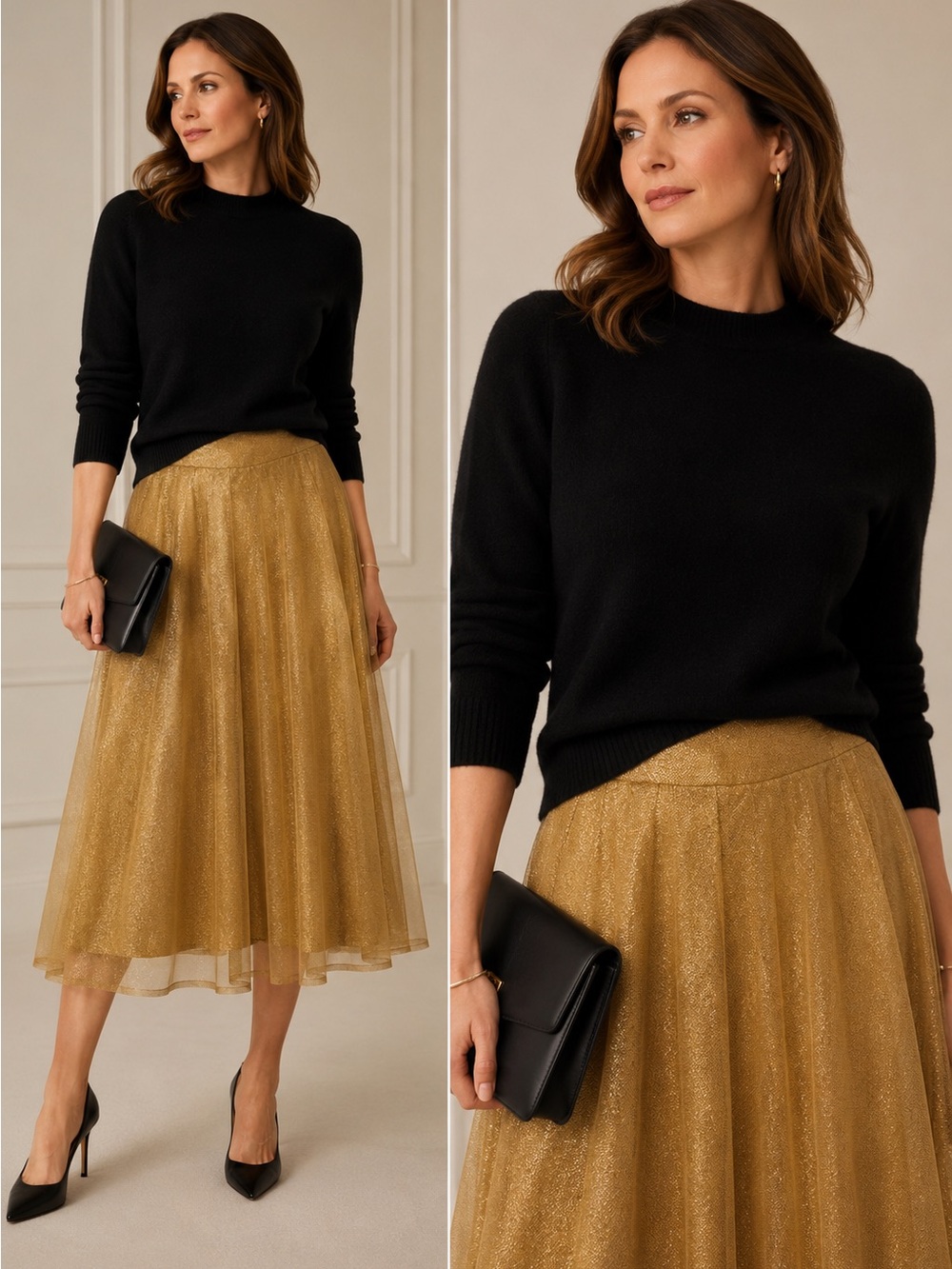 Kay Unger New York Gold Metallic Tulle Midi Skirt Size 6 Party Holiday